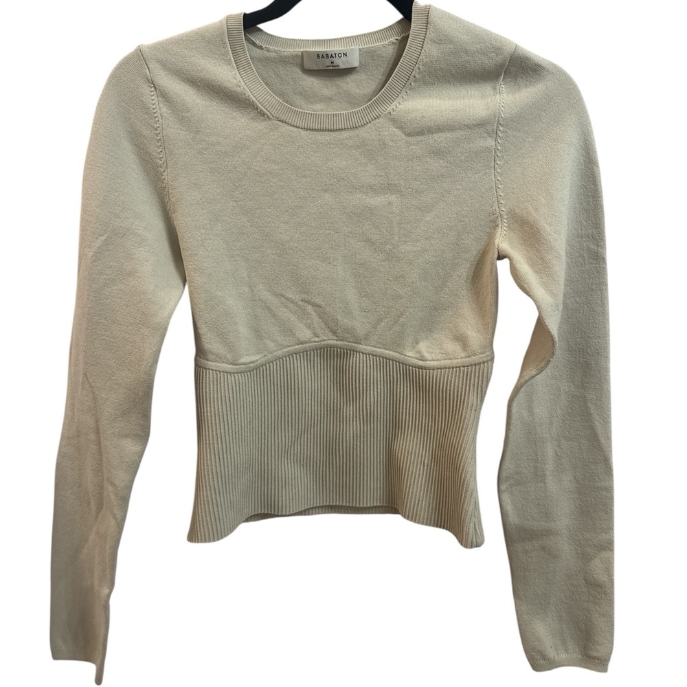 Babaton Ivory Ribbed-Waist Long Sleeve Knit Top